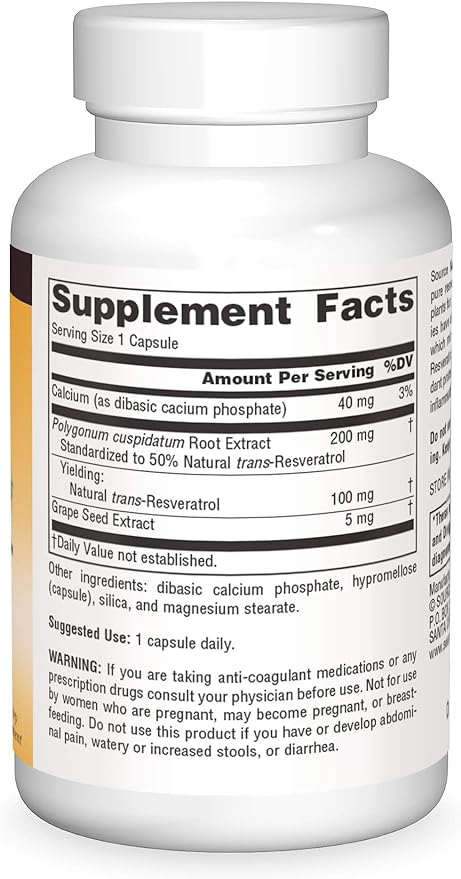 Source Naturals Resveratrol 100, for Heart and Healthy Aging* 100 mg - 60 Vegetarian Capsules