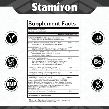 Stamiron Tongkat Ali 1000mg Fadogia Agrestis 1000mg Maca 1000mg Turkesterone Extract Supplement with Ginseng Ashwagandha Fenugreek DAA Saw Palmetto DHEA Nettle - 60 Capsules Made in USA