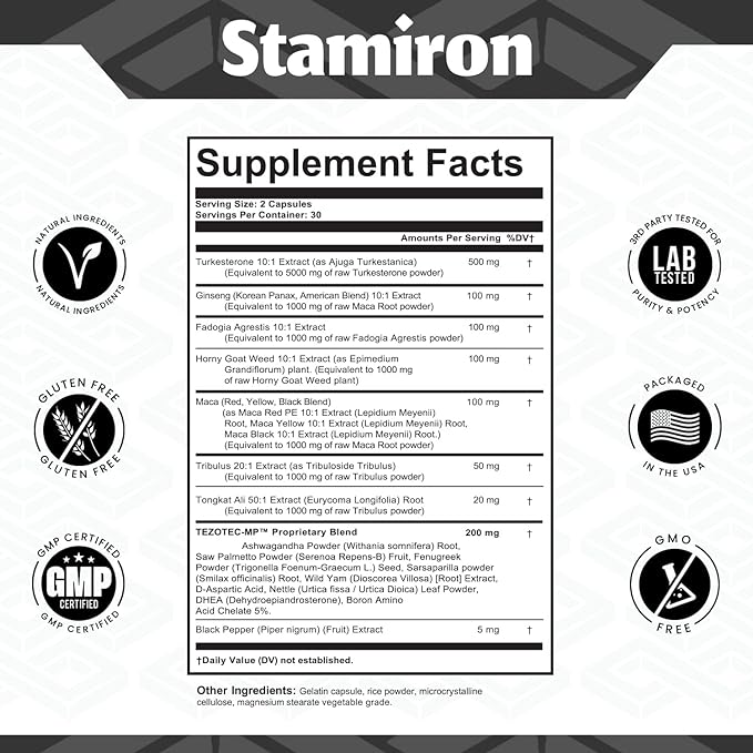 Stamiron Tongkat Ali 1000mg Fadogia Agrestis 1000mg Maca 1000mg Turkesterone Extract Supplement with Ginseng Ashwagandha Fenugreek DAA Saw Palmetto DHEA Nettle - 60 Capsules Made in USA