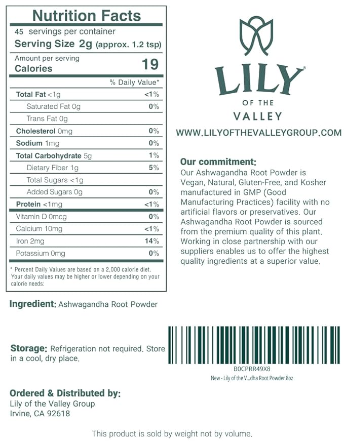 LILY OF THE VALLEY Ashwagandha Root Powder - Withania Somnifera - Sourced from India - No Filler No Additives - Indian Ginseng - Vegan & Gluten Free - Packed in Resealable Pouch (8oz, 226g)