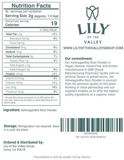 LILY OF THE VALLEY Ashwagandha Root Powder - Withania Somnifera - Sourced from India - No Filler No Additives - Indian Ginseng - Vegan & Gluten Free - Packed in Resealable Pouch (8oz, 226g)