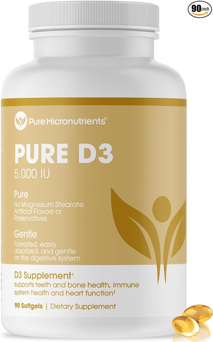 Pure Micronutrients Pure D3 – Vitamin D3 5000 IU, Natural Vitamin D Supplements (Cholecalciferol) - Immune Support, Healthy Muscle Function & Bone Health - 90 Mini Softgels