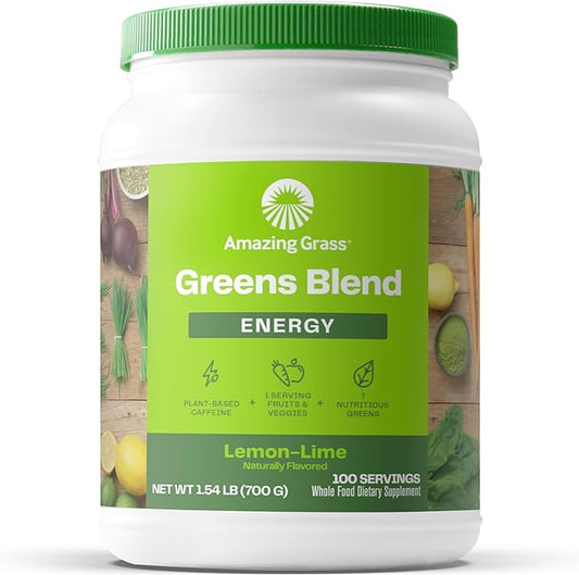 Amazing Grass Green Superfood Energy: Greens Powder with Plant Based Caffeine, Matcha Green Tea and Flax Seed, Nootropics Support, Lemon Lime, 100 Servings