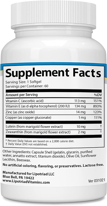 Visionary Eye Vitamins – 60 Capsules – Lutein and Zeaxanthin Supplements with Other AREDS 2® Ingredients for Macular Degeneration & Vision Support 