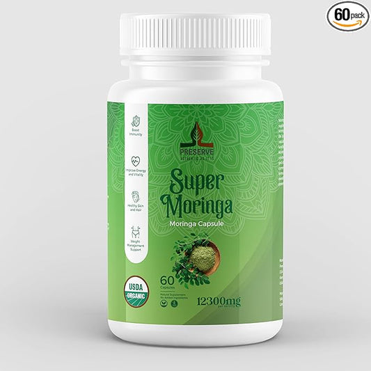 PRESERVE Moringa Oleifera Capsules 12300mg 100% Pure USDA Organic Moringa Leaf Powder Supplement Nutrient-Rich Vegetarian Green Superfood. Non GMO, USDA Approved, 60 Capsules.