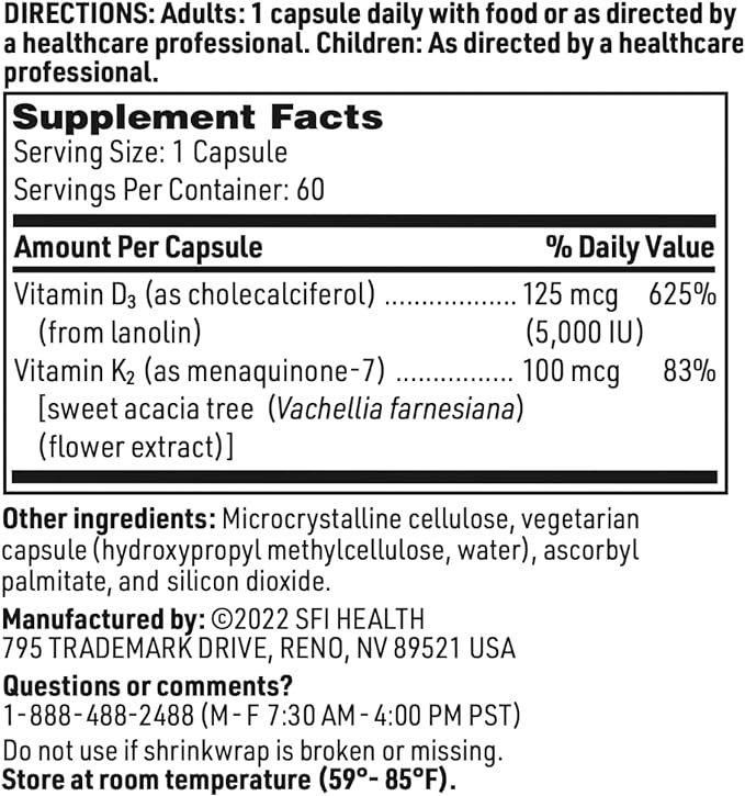 Klaire Labs Vitamin D Plus K - 5000 IU Vitamin D3 with Vitamin K2 MK-7, Bioavailable Formula - Bone, Cardiovascular & Immune Support Supplement (60 Capsules)