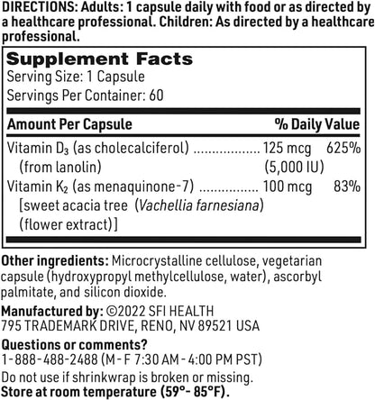 Klaire Labs Vitamin D Plus K - 5000 IU Vitamin D3 with Vitamin K2 MK-7, Bioavailable Formula - Bone, Cardiovascular & Immune Support Supplement (60 Capsules)