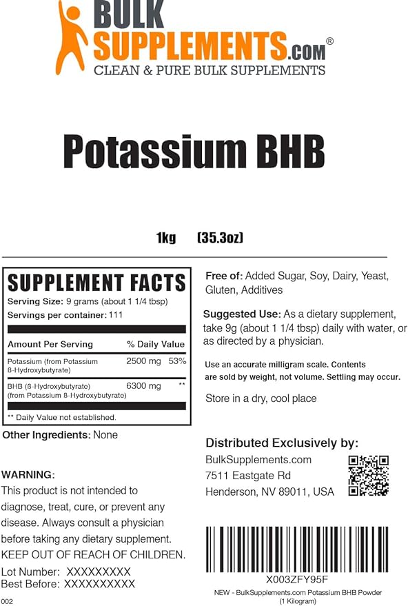 BulkSupplements.com Potassium BHB Powder - Beta-HydroxyButyrate Powder, BHB Salts, BHB Supplement - Electrolytes Supplement, Gluten Free, 9g per Serving, 1kg (2.2 lbs) (Pack of 1)