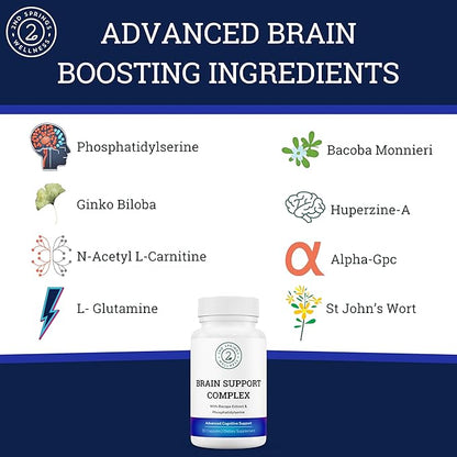 Brain Support Complex - Advanced Cognitive Support Supplement with Ginkgo Biloba, Bacopa Monnieri, Phosphatidylserine, Huperzine-A, St. John's Wort - 30 Ct