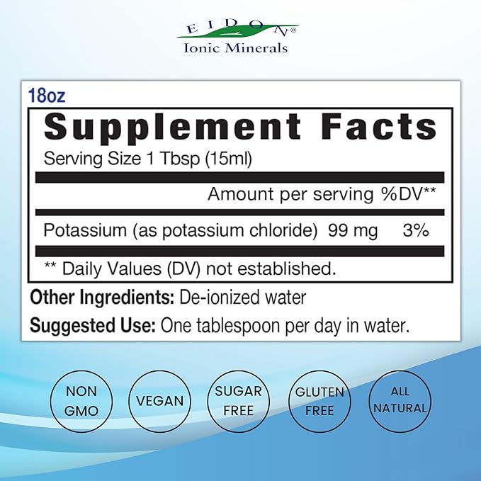 Eidon Ionic Minerals Liquid Potassium Supplement - Potassium Chloride Drops, Essential Electrolyte for Cell Function, Bioavailable Ionic Minerals, All Natural, No-Preservatives or Additives - 18 oz