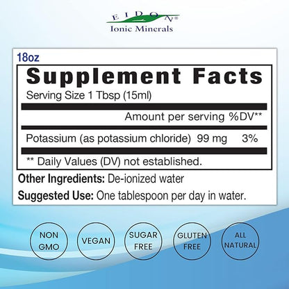 Eidon Ionic Minerals Liquid Potassium Supplement - Potassium Chloride Drops, Essential Electrolyte for Cell Function, Bioavailable Ionic Minerals, All Natural, No-Preservatives or Additives - 18 oz