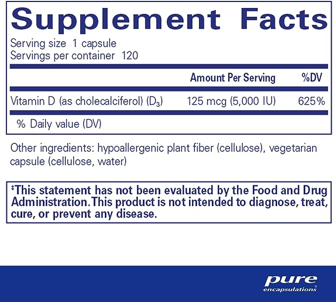 Pure Encapsulations Vitamin D3 125 mcg (5,000 IU) - Supplement to Support Bone, Joint, Breast, Heart, Colon, and Immune Health* - with Vitamin D - 120 Capsules