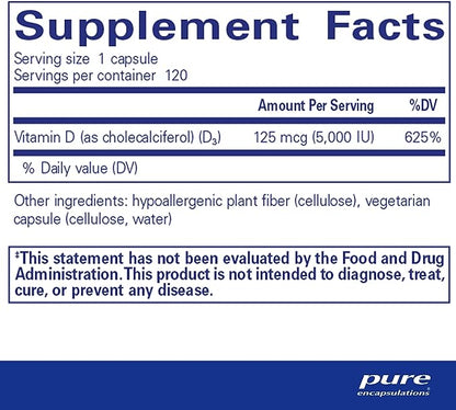 Pure Encapsulations Vitamin D3 125 mcg (5,000 IU) - Supplement to Support Bone, Joint, Breast, Heart, Colon, and Immune Health* - with Vitamin D - 120 Capsules