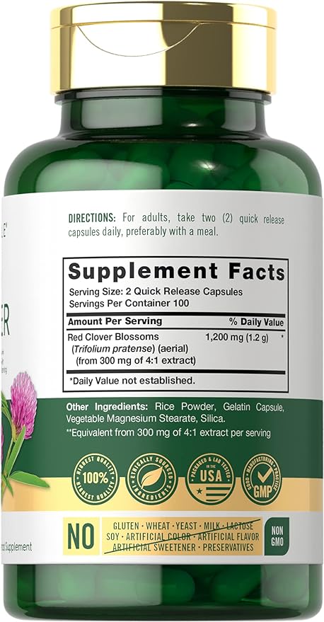 Carlyle Red Clover Capsules 1200mg | 200 Count | Trifolium Pratense | Non-GMO, Gluten Free | Red Clover Blossom Extract Supplement