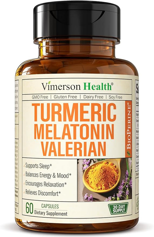 Turmeric, Melatonin & Valerian Root Sleep Aid Supplement. Natural Sleep Aid for Adults with L-Theanine, Ginger & Black Pepper Extract. Melatonin 3mg, Valerian Root Capsules. Relaxation & Sleep Support