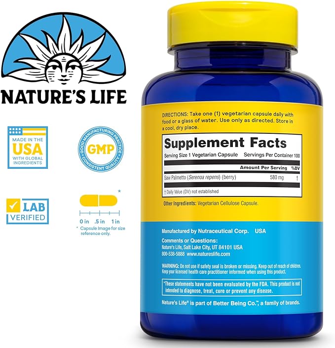 Nature's Life Saw Palmetto for Men 580mg - Traditional Prostate Supplement - Men's Health, Prostate and Urinary Tract Support w/Beta Sitosterol Plant Sterols, 60-Day Guarantee, 100 Serv, 100 Capsules