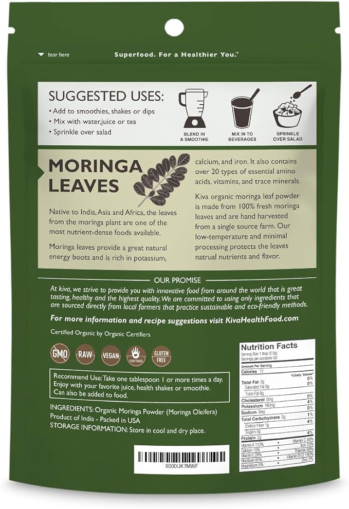 Kiva Organic Moringa Leaf Powder, 100% Pure and USDA Organic, Superfood Moringa Nutrition for Overall Health, Immune Support, and Energy Boost, RAW, Vegan, Non-GMO, 16-Ounce Resealable Bag