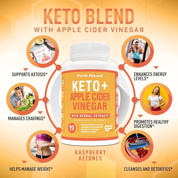 Purely Optimal Premium Keto+Apple Cider Vinegar Pills - w/Garcinia Cambogia, Keto Bhb Exogenous Ketones - 90 Capsules