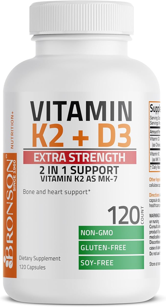 Bronson Vitamin K2 (MK7) with D3 Extra Strength Supplement Bone and Heart Health Non-GMO Formula 10,000 IU Vitamin D3 & 120 mcg Vitamin K2 MK-7 Easy to Swallow Vitamin D & K, 120 Capsules