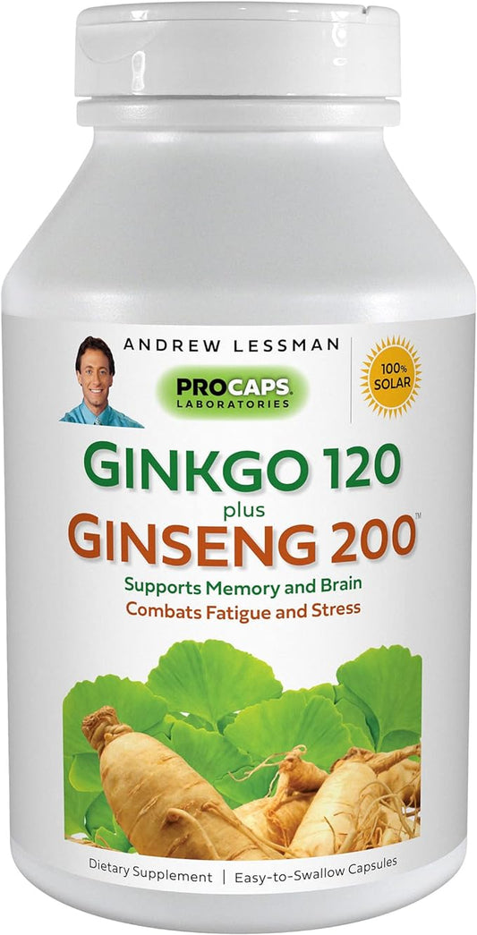 ANDREW LESSMAN Ginkgo 120 Plus Ginseng 200-60 Capsules – Standardized Extract Blend to Support Brain, Memory and Cognitive Function. Adaptogen, Combats Stress and Fatigue. No Additives