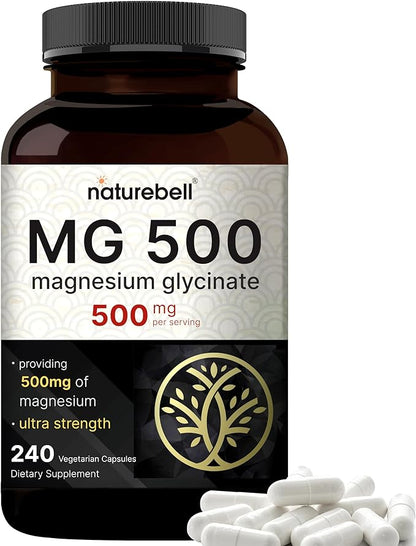 NatureBell Magnesium Glycinate 500mg Per Serving | 240 Veggie Capsule, 100% Chelated & Purified – Non-GMO & Gluten Free