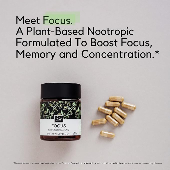 PALO FOCUS Brain Booster Natural Supplement Nootropic for Memory, Focus, Learning, Reall, Attention and Cognition - Ginkgo Biloba, Bacopa, Gotu Kola, Ashwagandha,, Mucuna 60 capsules