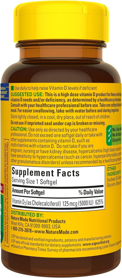 Nature Made Extra Strength Vitamin D3 5000 IU (125 mcg), Dietary Supplement for Bone, Teeth, Muscle and Immune Health Support, 180 Softgels, 180 Day Supply