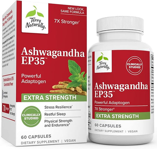 Terry Naturally Ashwagandha EP35 Extra Strength - 60 Capsules - Powerful Adaptogen - Non-GMO, Vegan - 60 Servings