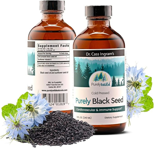 PURELY WILD Black Seed Oil - Formulated by Dr Cass Ingram's Contains Cold Pressed Black Seed Essential Oils - Sunflower Oil Dietary Supplements for Immune Support & Digestive Health - 8 fl oz