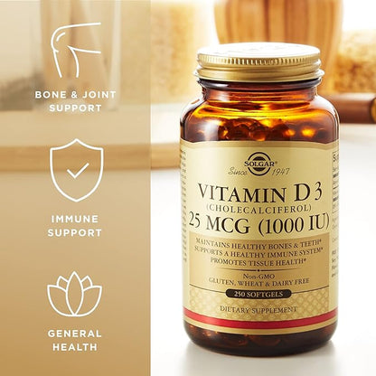 Solgar Vitamin D3 (Cholecalciferol) 25 MCG (1000 IU), 250 Softgels - Helps Maintain Healthy Bones & Teeth - Immune System Support - Non-GMO, Gluten Free, Dairy Free - 250 Servings