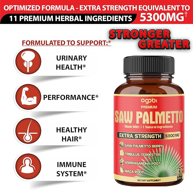 3 Packs - Total 180 Capsules - 11in1 Saw Palmetto Capsules 5300 mg - with Ashwagandha, Turmeric, Tribulus, Maca, Green Tea, Holy Basil & More - Extract for Prostate, Skin & Immune Support