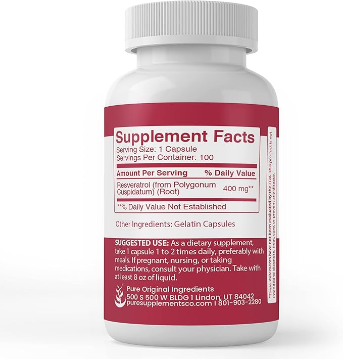 PURE ORIGINAL INGREDIENTS Resveratrol, (100 Capsules) Always Pure, No Additives Or Fillers, Lab Verified