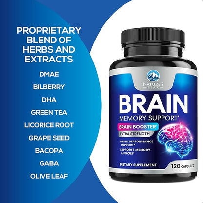 Brain Supplement for Memory and Focus, Nootropic Support for Concentration, Clarity, Energy, Brain Health with Bacopa, Cognitive Vitamins, Phosphatidylserine, DMAE, Brain Booster - 120 Capsules