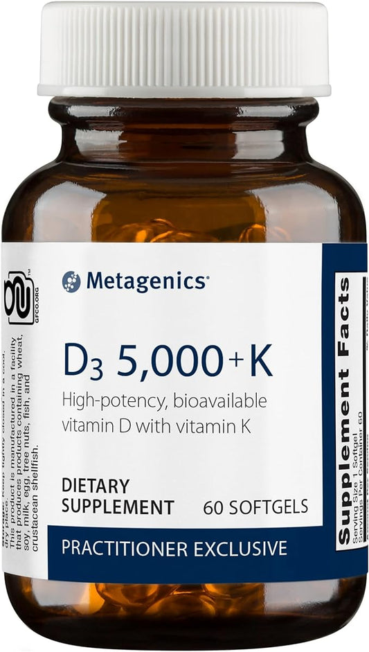 Metagenics D3 5,000 + K - for Immune Support, Bone Health & Heart Health* - Vitamin D with MK-7 (Vitamin K2) - Non-GMO - Gluten-Free - 60 Softgels