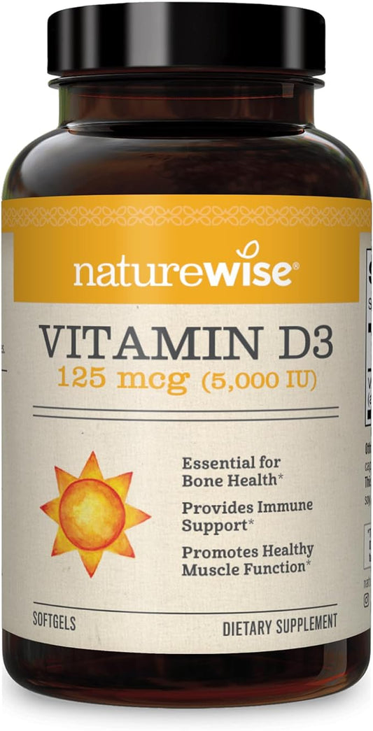 NatureWise Vitamin D3 5000iu (125 mcg) Healthy Muscle Function, and Immune Support, Non-GMO, Gluten Free in Cold-Pressed Olive Oil, Packaging Vary ( Mini Softgel), 90 Count