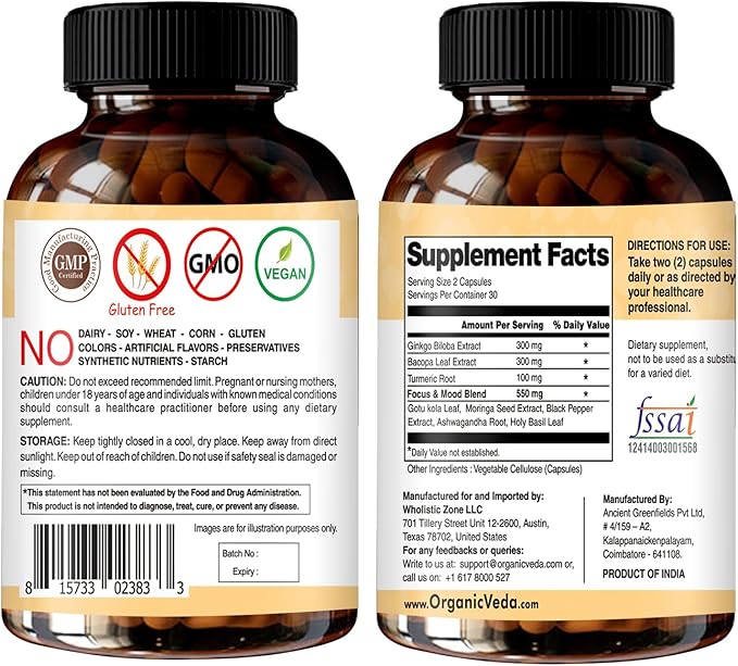 Organic Veda Ginkgo Biloba Turmeric Bacopa Brain Supplements for Memory & Focus - Ginkgo Biloba Brain Booster Supplement with Ashwagandha, Holy Basil, Moringa - Improves Energy Level - 60 Capsules