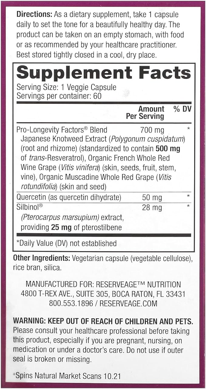 Reserveage Beauty, Resveratrol 500 mg with Pterostilbene, Antioxidant Supplement for Immune Support & Heart Health, Supports Healthy Aging, Paleo, Keto, 60 Capsules (60 Servings)