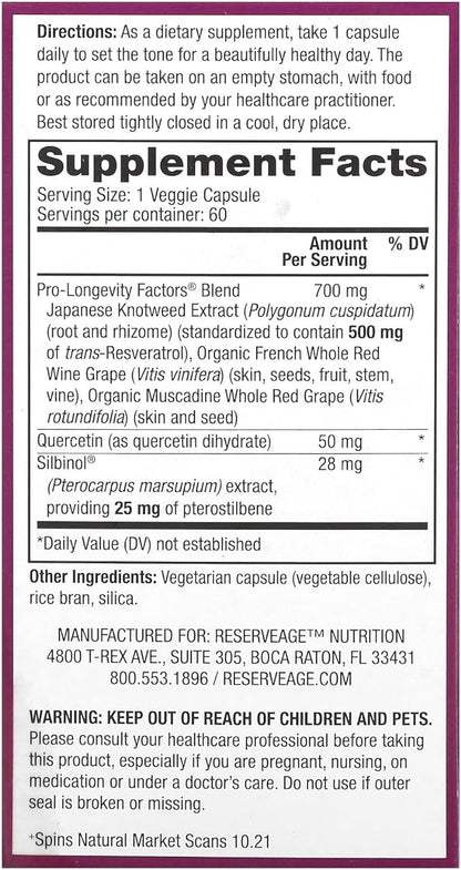 Reserveage Beauty, Resveratrol 500 mg with Pterostilbene, Antioxidant Supplement for Immune Support & Heart Health, Supports Healthy Aging, Paleo, Keto, 60 Capsules (60 Servings)