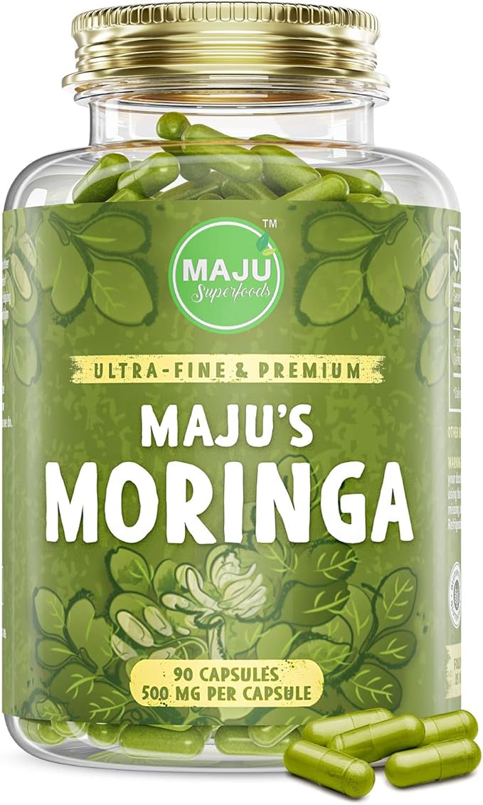 MAJU's Organic Moringa Capsules, Oleifera Leaf, Extra-Fine Quality Moringa Leaves, Dried Drumstick Tree Leaves, Organic Moringa Powder Extract Supplement Capsules from Plant (90 ct)