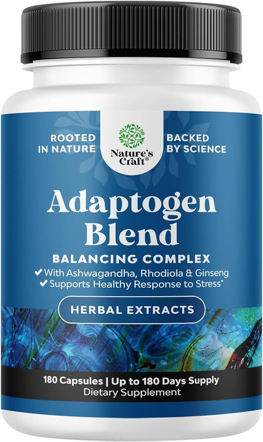 Herbal Adaptogen Mood Support Supplement - Calming Adaptogens Supplement for Stress & Cortisol Management with Ashwagandha Rhodiola Rosea & Maca Root - Vegan Non GMO & Daytime Friendly -180ct