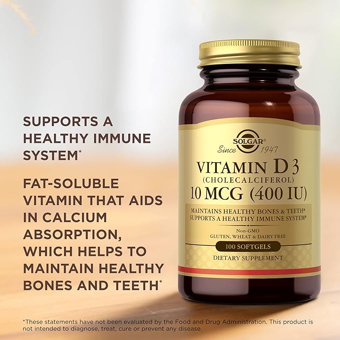 SOLGAR Vitamin D3 (Cholecalciferol) 250 MCG (10,000 IU), 100 Softgels - Helps Maintain Bones & Teeth - Immune System Support - Non-GMO, Gluten Free, Dairy Free - 100 Servings