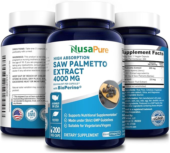 NusaPure Saw Palmetto 4,000mg per Veggie Caps 200 Count (Extract 20:1, Non-GMO, Gluten Free, Vegetarian, Bioperine)