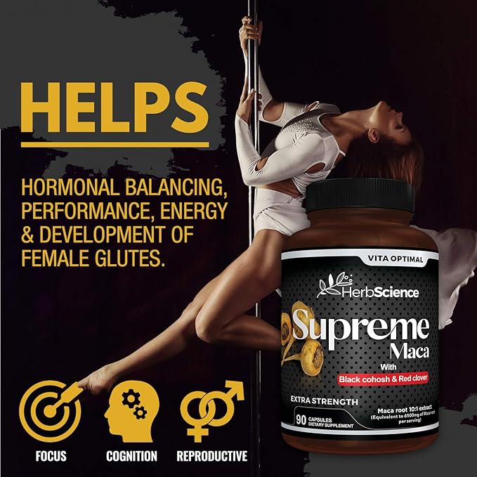 Supreme Maca Capsules 9000 mg, Powerful Black Maca Root Extract, Premium Strength - with Red Maca, Yellow Maca, Black Cohosh, Red Clover & More - Extremely Potent, 120 Capsules