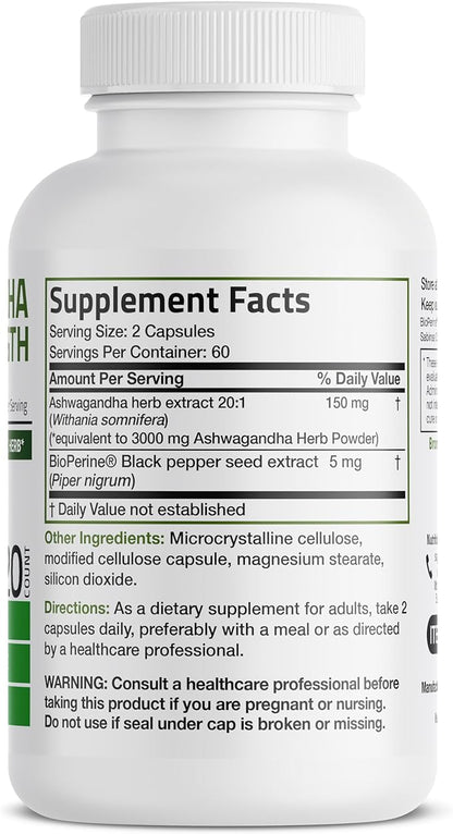 Bronson Ashwagandha Extra Strength Stress & Mood Support with BioPerine - Non GMO Formula, 120 Vegetarian Capsules