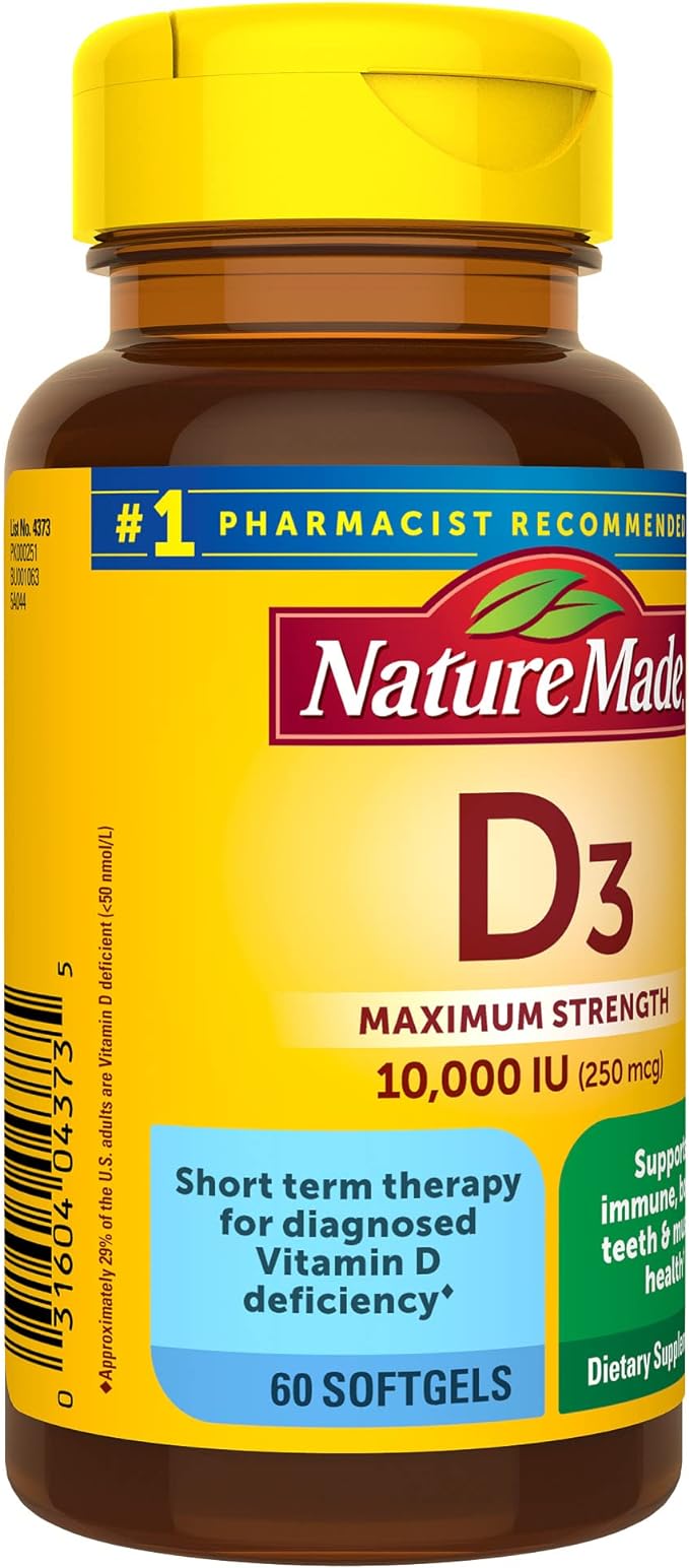 Nature Made Maximum Strength Vitamin D3 10000 IU (250 mcg), Dietary Supplement for Bone, Teeth, Muscle and Immune Health Support, 60 Softgels, 60 Day Supply