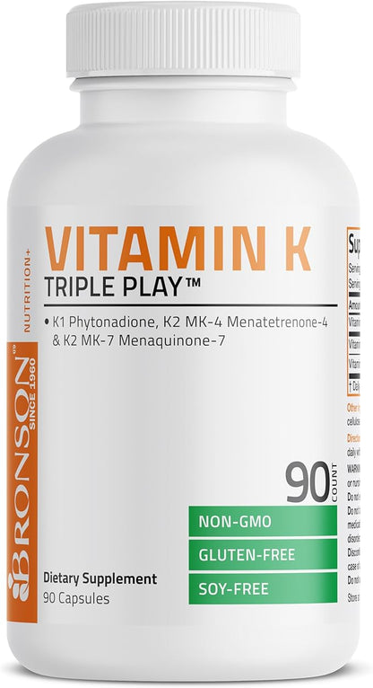 Bronson Vitamin K Triple Play (Vitamin K2 MK7 / Vitamin K2 MK4 / Vitamin K1) Full Spectrum Complex Vitamin K Supplement, 90 Capsules