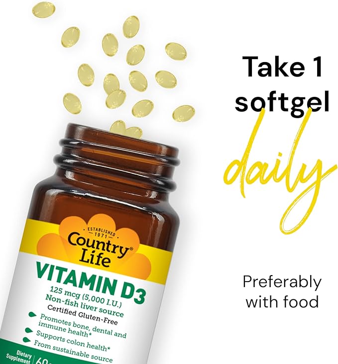 Country Life, Vitamin D3 5000 IU, Supports Healthy Bones, Teeth and Immune System, Daily Supplement, 60 ct