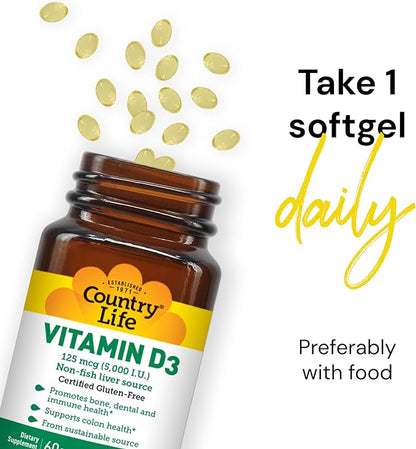 Country Life, Vitamin D3 5000 IU, Supports Healthy Bones, Teeth and Immune System, Daily Supplement, 60 ct