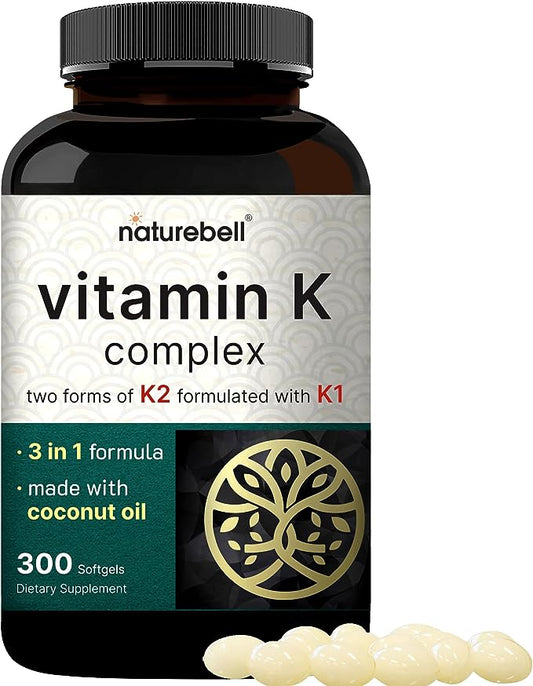 NatureBell Vitamin K Complex, K1 + K2 (MK-7 & MK-4) 2,600mcg Per Serving, 300 Coconut Oil Softgels | Max Absorption – Full Spectrum K Vitamins Supplement | Heart & Bone Support | Non-GMO