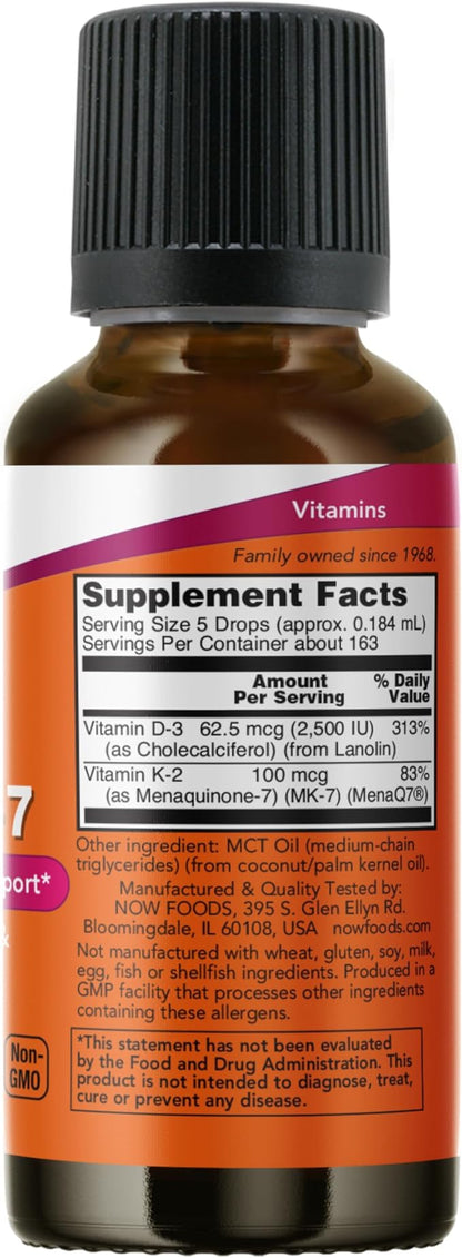 NOW Supplements, Liquid D-3 & MK-7 with 2,500 IU Vitamin D-3 & 100 mcg Vitamin K-2 per 5 drops, 1-Ounce